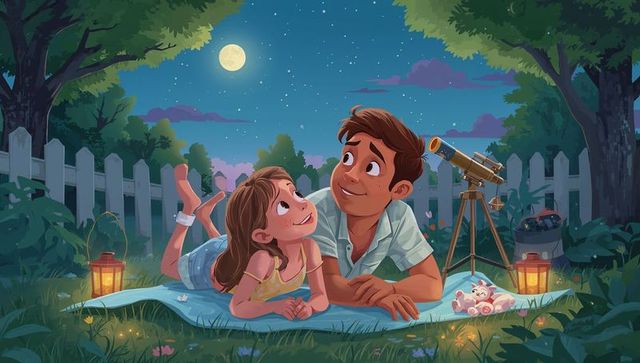 Father and daughter stargazing on backyard blanket with telescope under moonlight