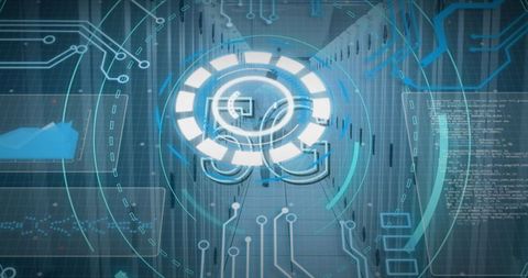 Futuristic global networking interface overlaid on data center