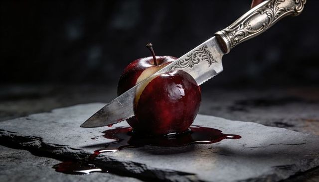 Slicing glossy red apple with ornate engraved knife and dramatic dark juice pool