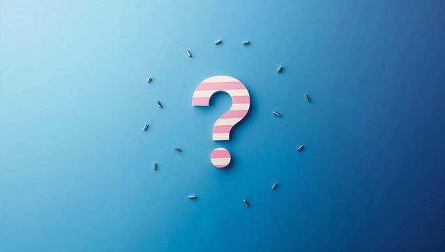 Striped pink 3d question mark floating on blue gradient backdrop with metallic pins