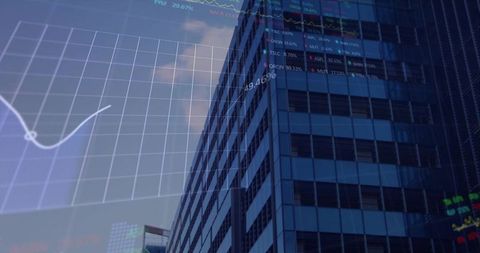 Glass Tower Showing Financial Data Overlay Conveying Corporate Growth and Market Trends