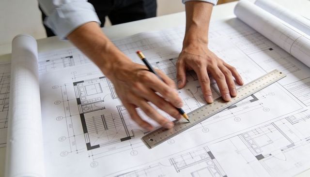 Architect marking detailed floor plans with ruler and pencil on blueprint, close-up hands