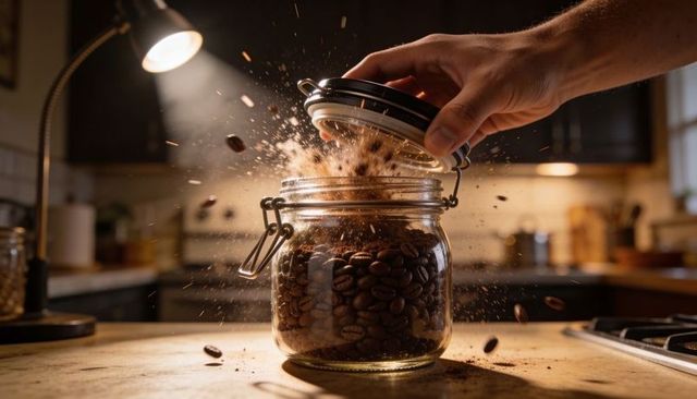 Opening glass clamp-lid jar releasing roasted coffee beans and aromatic grounds in kitchen