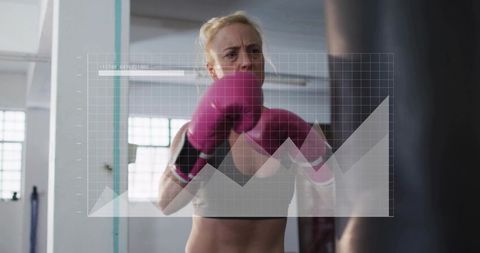 Woman boxer training, punching with pink gloves and analytics overlay in bright industrial gym