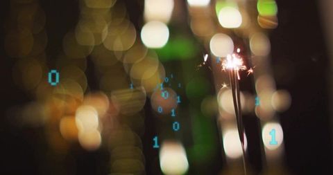 Closeup burning sparkler with warm bokeh lights and cyan binary overlay for festive tech