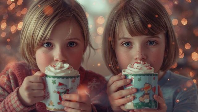 Two Sisters Enjoying Festive Hot Cocoa in Cozy Christmas Atmosphere