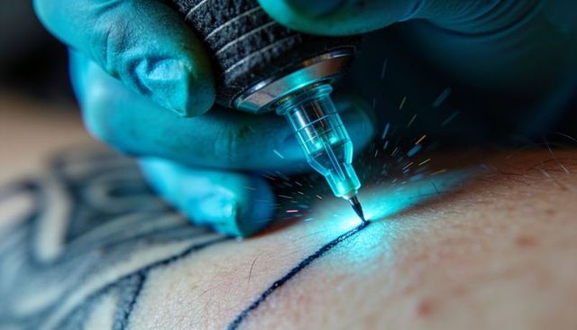 Nitrile-gloved hand tattooing fine black line under blue sterile light, macro closeup