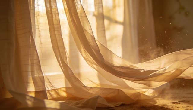 Swaying sheer curtains catching sunlight and floating dust motes in golden morning