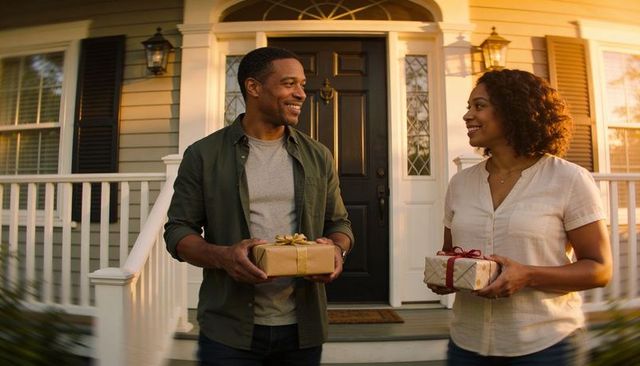Smiling couple exchanging wrapped gifts on sunlit suburban front porch during golden hour