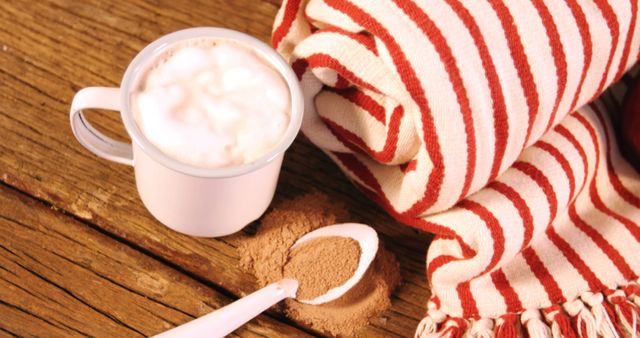 Warm Hot Chocolate with Foam in White Mug with Striped Red Blanket - Download Free Stock Images Pikwizard.com