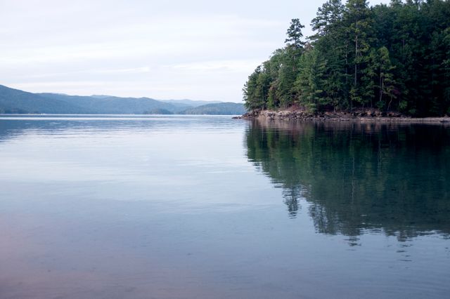 Calm lake surface reflecting forested shoreline during peaceful dusk hours. Ideal for use in nature-related promotions, travel brochures, backgrounds for websites and presentations, and illustrating concepts of tranquility, serenity, and natural beauty.