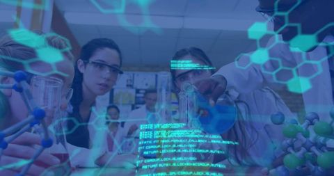 Diverse Students Engaging in STEM with Futuristic Technology Overlay