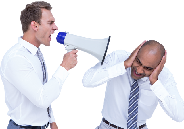 Transparent businessman yelling with megaphone at colleague covering ears - Download Free Stock Videos Pikwizard.com