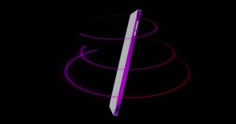 Floating slim smartphone mockup with neon magenta rings, flat edges and side buttons