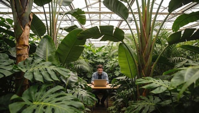 Working man typing on laptop in lush greenhouse surrounded by tropical plants
