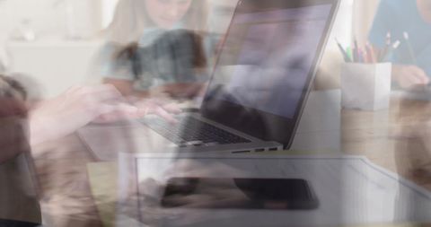 Double Exposure of Businesswoman Typing Amidst Business Hustle - Download Free Stock Images Pikwizard.com