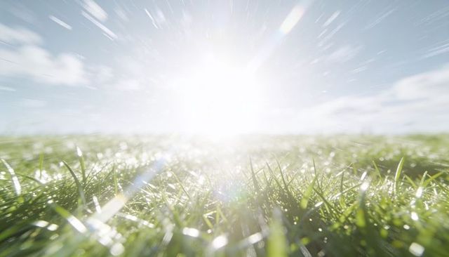Glinting dew-covered grass catching low morning sun with lens flare and bokeh, low-angle macro