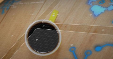 Coffee Break at Digital Workspace with Futuristic Interface