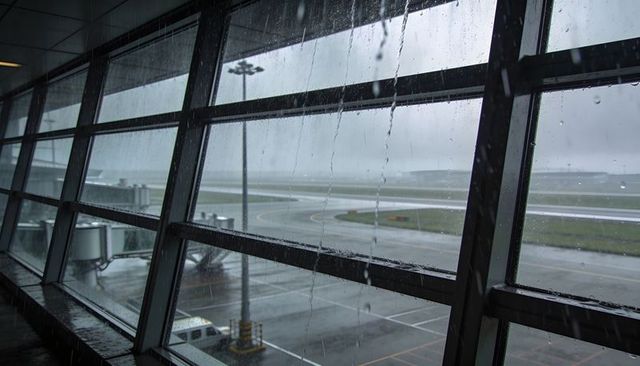 Rain-streaked terminal window overlooking wet apron and jet bridge at quiet runway