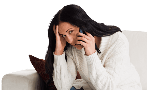 Woman on phone with pensive expression, transparent background
