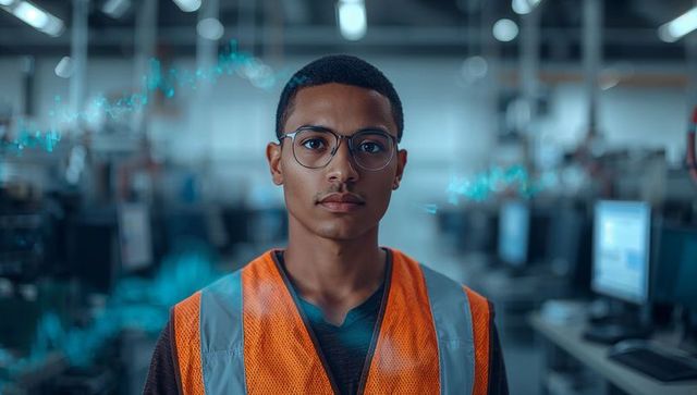 Young Technician Wearing Hi-Vis Vest and Glasses Monitoring Smart Factory Analytics