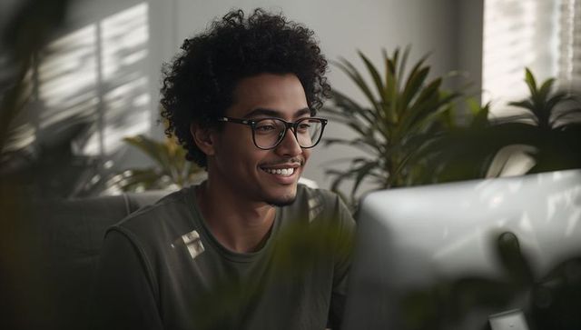 Smiling young man wearing glasses working at home desk with plants and soft sunlight