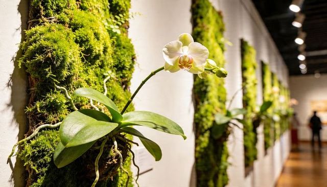 White phalaenopsis orchid on moss wall panel in modern gallery with warm track lighting