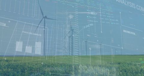 Financial Data Overlay on Wind Turbines Symbolizing Energy Innovation