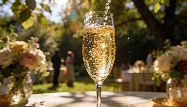 Golden champagne pour creating bubbles in flute at outdoor garden party golden hour