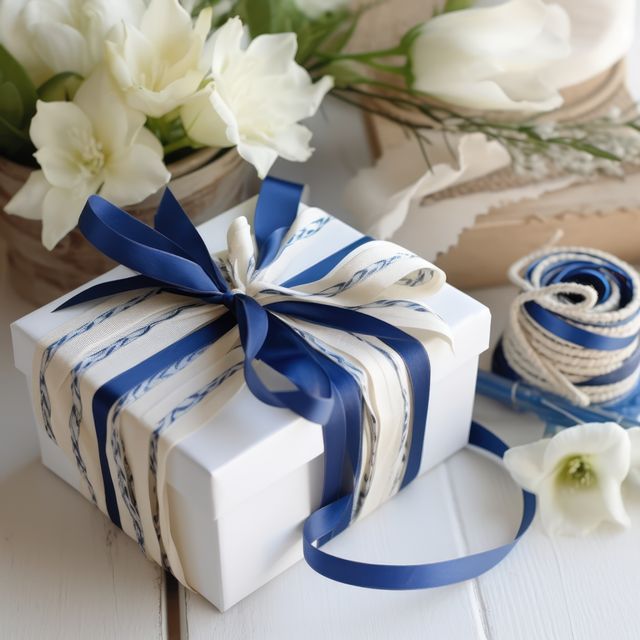 Close up of white and blue gift with ribbon and flowers, created using generative ai technology. Gift, present, giving and celebration concept digitally generated image.
