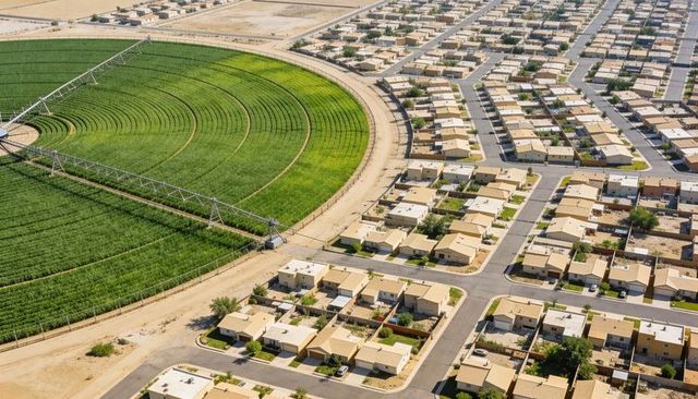 Center pivot irrigation circle bordering suburban street grid in arid agricultural neighborhood