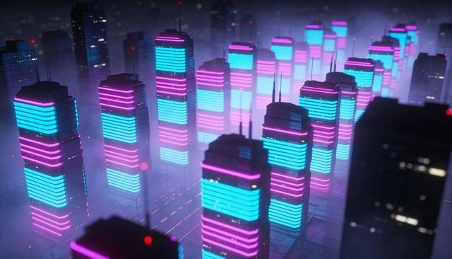 Neon cyberpunk city towers with cyan and magenta bands in foggy night grid aerial perspective