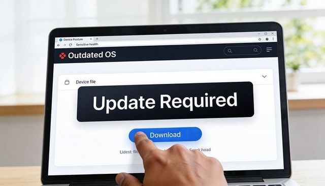 Finger Pressing Download Button on Laptop Showing Outdated OS Update Required Alert