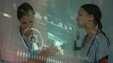 Diverse Female Doctors with Futuristic Digital Interface Overlay