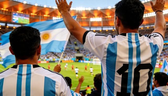 Argentina football fans celebrating under floodlights wearing number 10 jersey