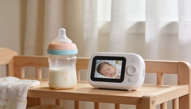 Sleeping newborn monitored on digital baby monitor beside milk bottle on wooden crib