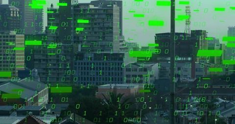 Urban skyline with green binary overlay suggesting smart city data and cyber security