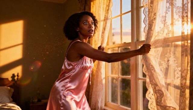 Pulling lace curtains at dawn wearing pink satin nightgown, sunlit bedroom surprise