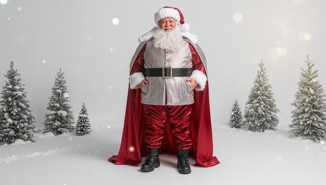 Santa Claus in Festive Velvet Attire Standing Amongst Snowy Evergreens
