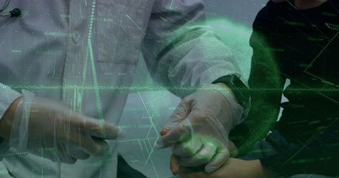 Doctor conducting finger-prick test with digital data overlay