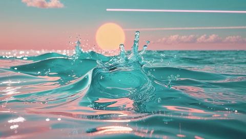 Sublime ocean wave splashing at sunset with calm horizon