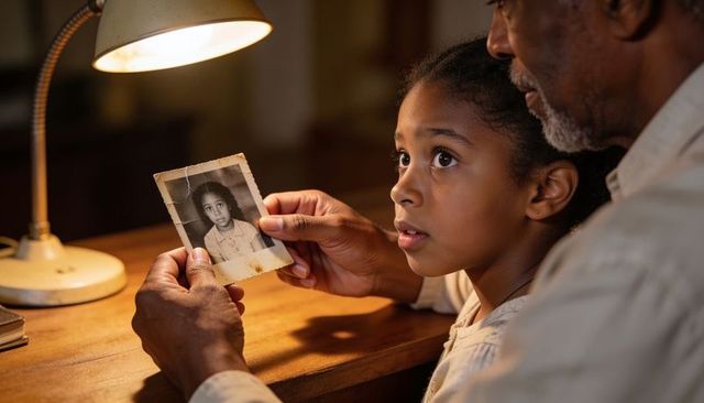 Grandfather sharing worn portrait with granddaughter under warm lamp, memory and bonding
