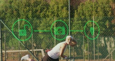 Dynamic Female Tennis Player in Action with Graphic Overlays