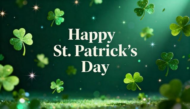 Happy st. Patrick's day greeting on green glitter shamrocks background
