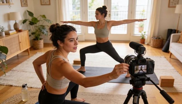 Wellness Instructor Filming Live Yoga Session While Assistant Adjusting Camera