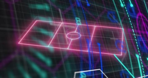 Futuristic digital soccer field with neon elements and data stream