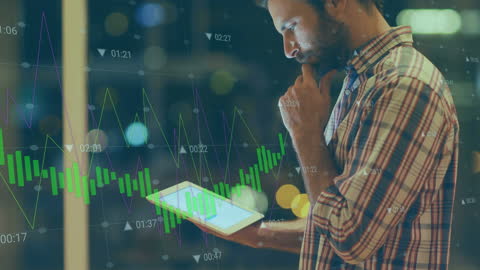 Man Analyzing Stock Market Data on Tablet in Urban Environment