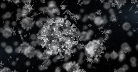 Covid-19 cells with snowflakes winter background