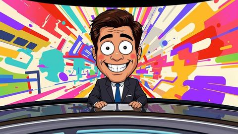 Animated tv anchor excitedly reporting news with color burst background