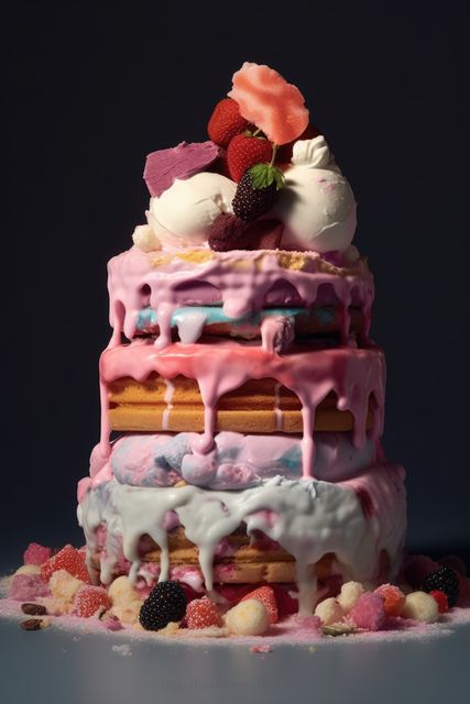 Ice cream cake with pink icing, cream and fruits on top, created using generative ai technology. Cake, celebration, treat, sweet food and deserts concept digitally generated image.